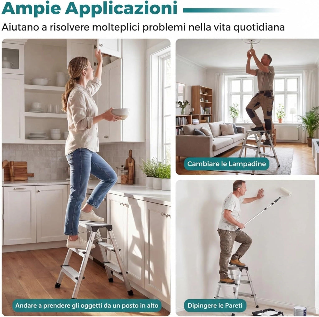 Scaletta Pieghevole in Alluminio, Scala a 3 Gradini Doppia con Pedane Larghe e Piedini Antiscivolo, Struttura Leggera, Portata 150 kg, per Casa, Ufficio e Garage