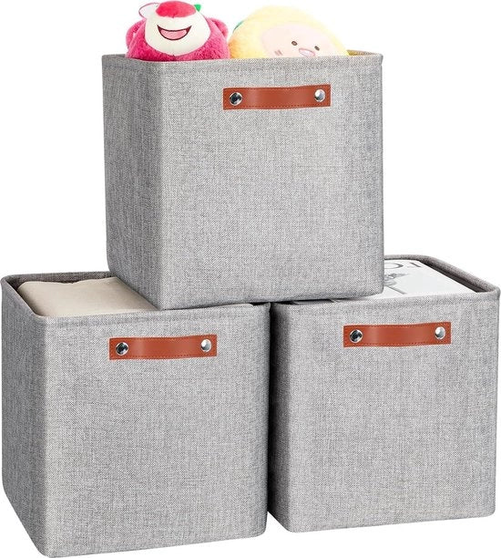 Set di contenitori di stoffa pieghevoli in grigio - 30 x 30 x 30 cm - set da 3 - per abbigliamento, giocattoli, libri - con maniglie - per cassetti e mensole