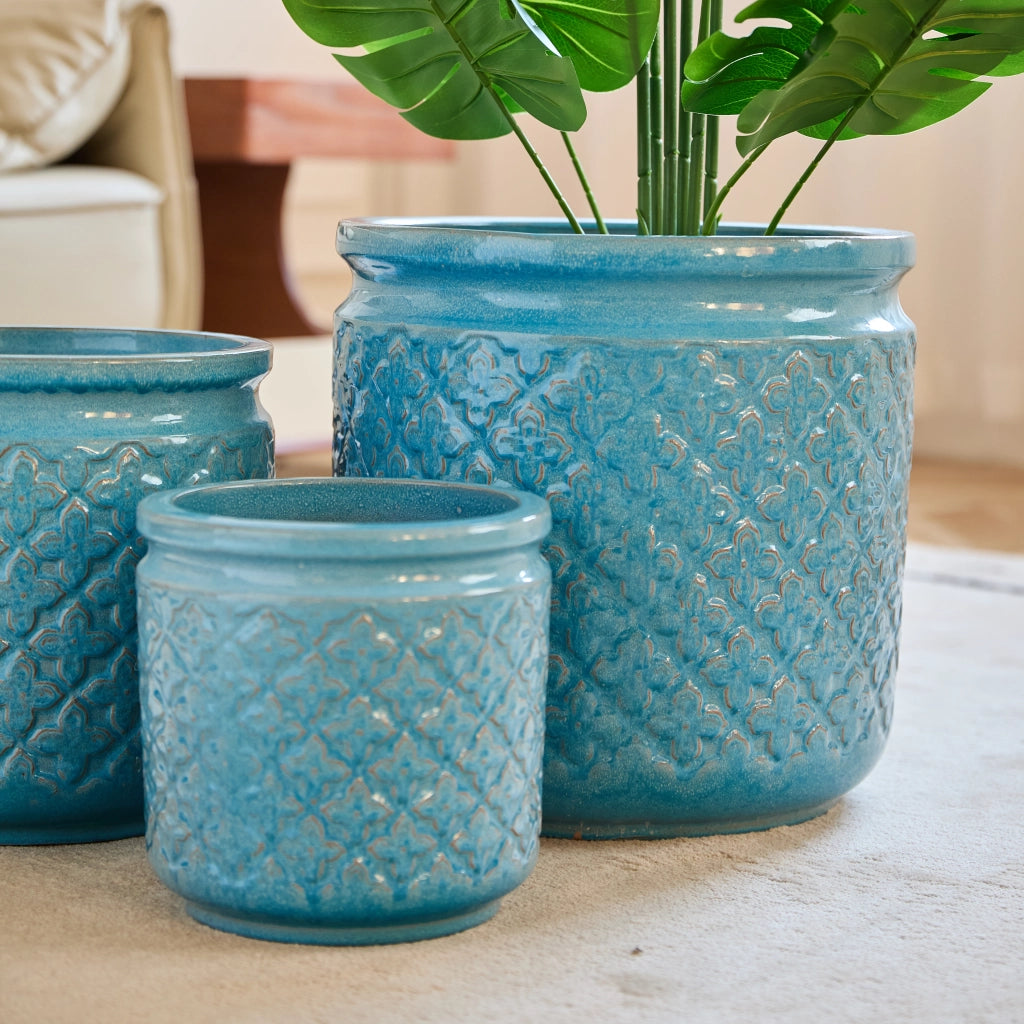 Fioriera in ceramica con foro di drenaggio finitura blu anticato per interno e esterno resistente al gelo
