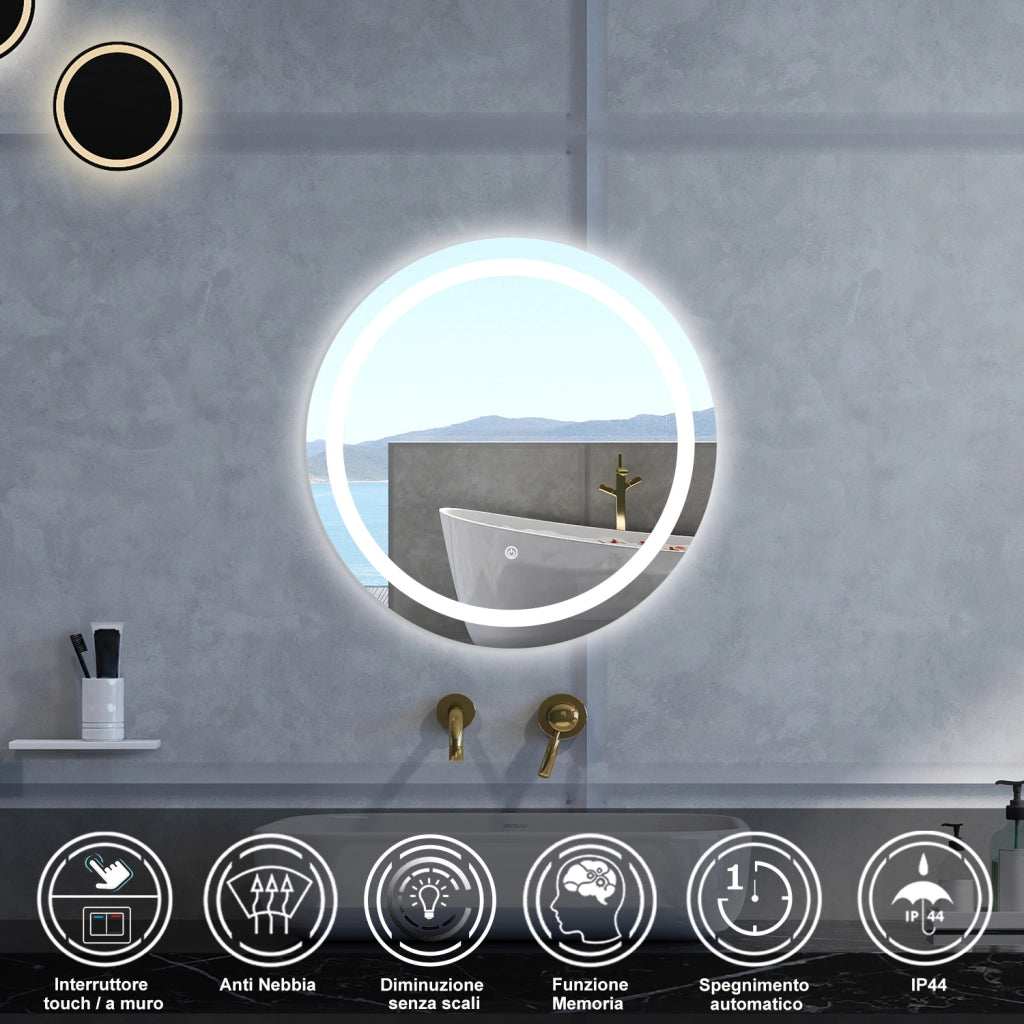 Specchio da bagno Rotondo con 60cm,Memoria, Antifog,Regorabile,Retroilluminato,doppio interruttore,
