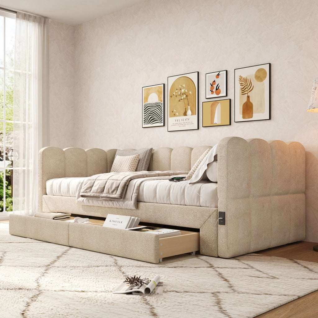 Lit divano 90 × 190 cm 2 posti con cassetti, USB e Type-C, estensibile a 180 × 190 cm, senza materasso, in ciniglia beige