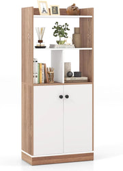 Libreria Scaffale con 2 Ante di Stoccaggio, Libreria Salvaspazio Moderna con 4 Ripiani in Legno Aperti, Mobile Alto Ufficio, per Soggiorno, Camera da Letto, 60 x 30 x 140 cm