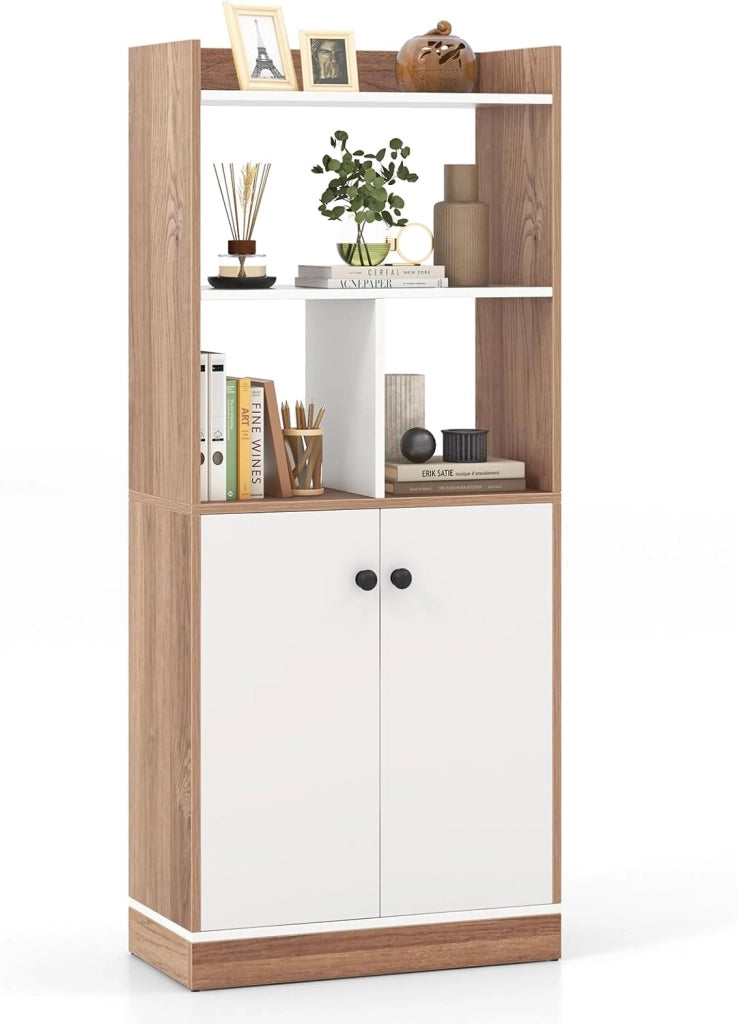 Libreria Scaffale con 2 Ante di Stoccaggio, Libreria Salvaspazio Moderna con 4 Ripiani in Legno Aperti, Mobile Alto Ufficio, per Soggiorno, Camera da Letto, 60 x 30 x 140 cm