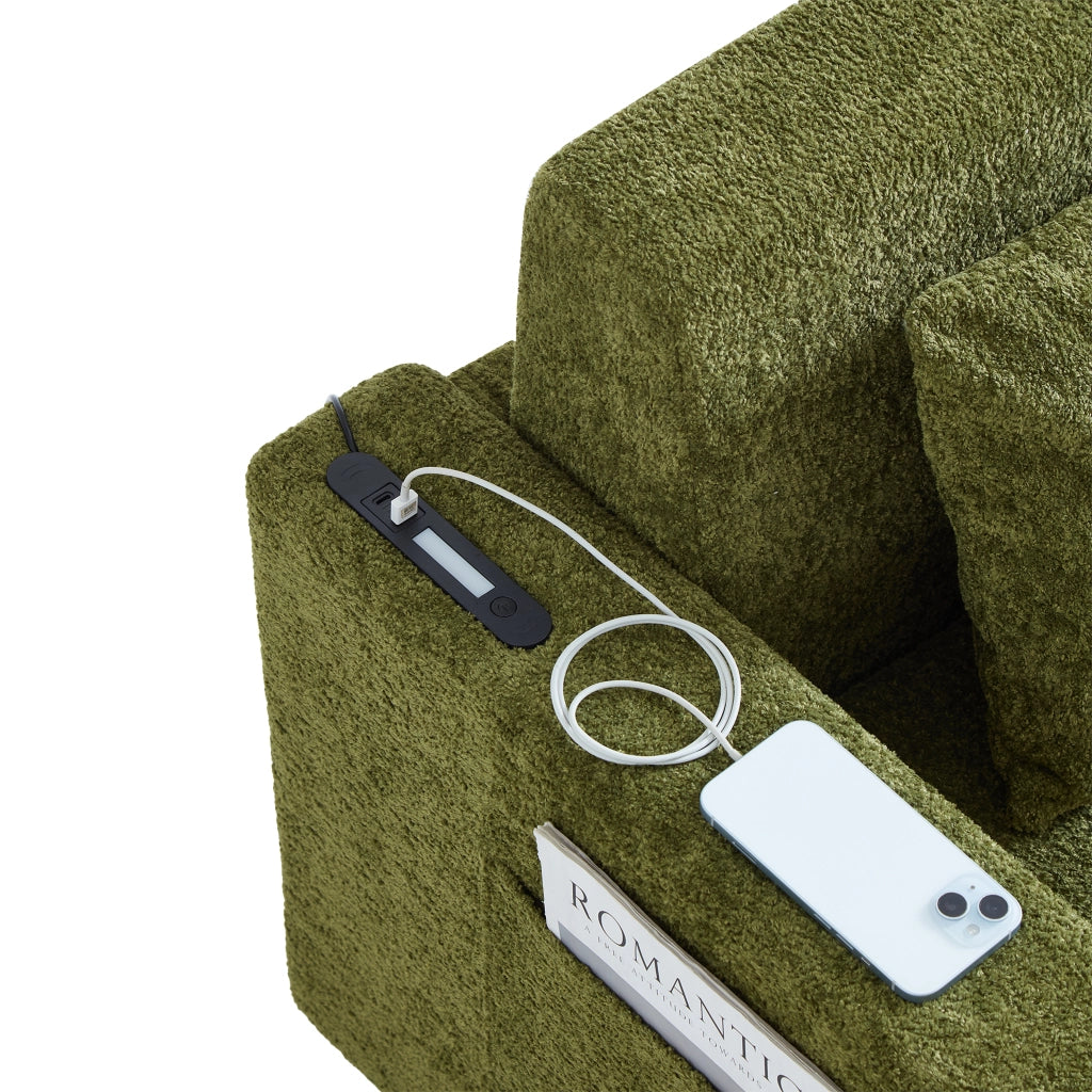 Divano letto 2 posti con funzione letto; USB; portabicchieri e tasche laterali in schiuma verde