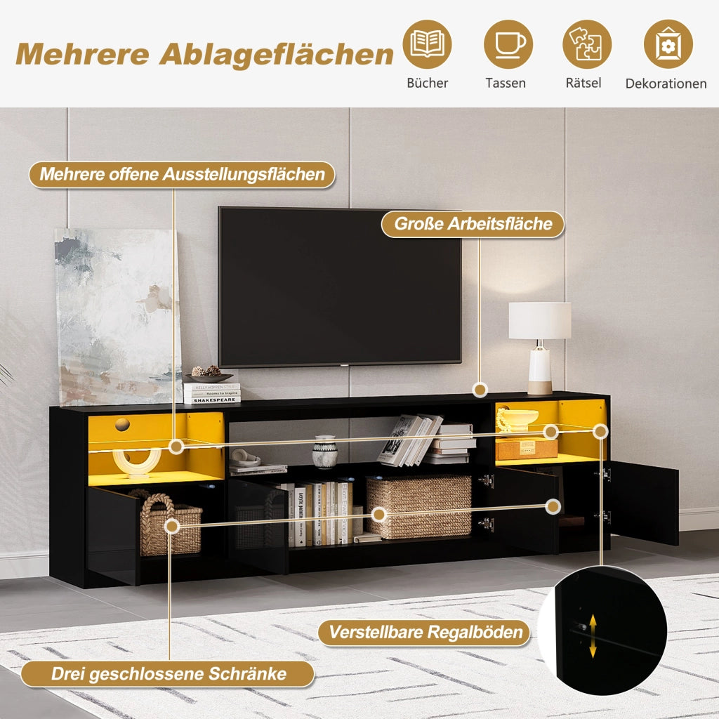 Mobile porta TV con LED, 4 ante, 8 vani e 2 ripiani in vetro temperato per soggiorno, nero, 180 × 35 × 60 cm