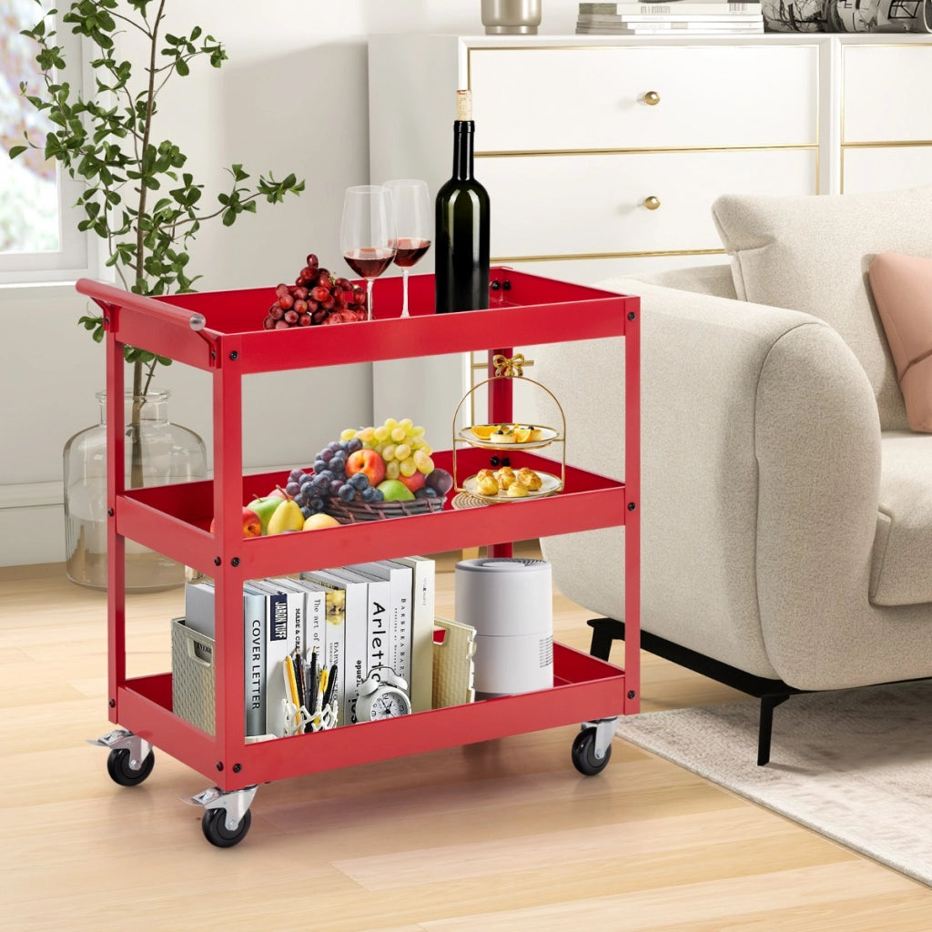 Carrello utilitario a 3 ripiani ad alta capacit¨¤-Carrello in metallo con manico ergonomico Rosso