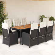 Set da Pranzo da Giardino 9 pz con Cuscini Nero in Polyrattan