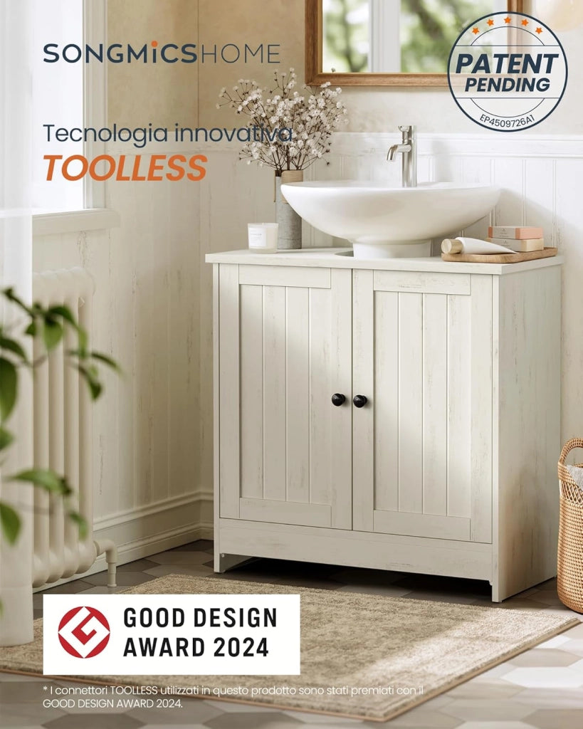 Bathroom Vanity Unit, Toolless Toolless Quick Assembly, Washbasin Cabinet with Adjustable Shelf with or Without Column, Vintage White BBC223WJ01