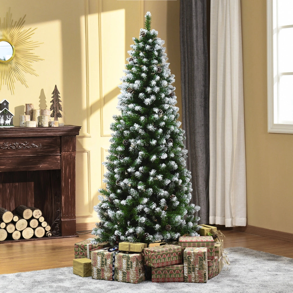 Albero di Natale Innevato da 180 cm con 630 Rami e 37 Pigne, in Plastica e Metallo, Verde e Bianco