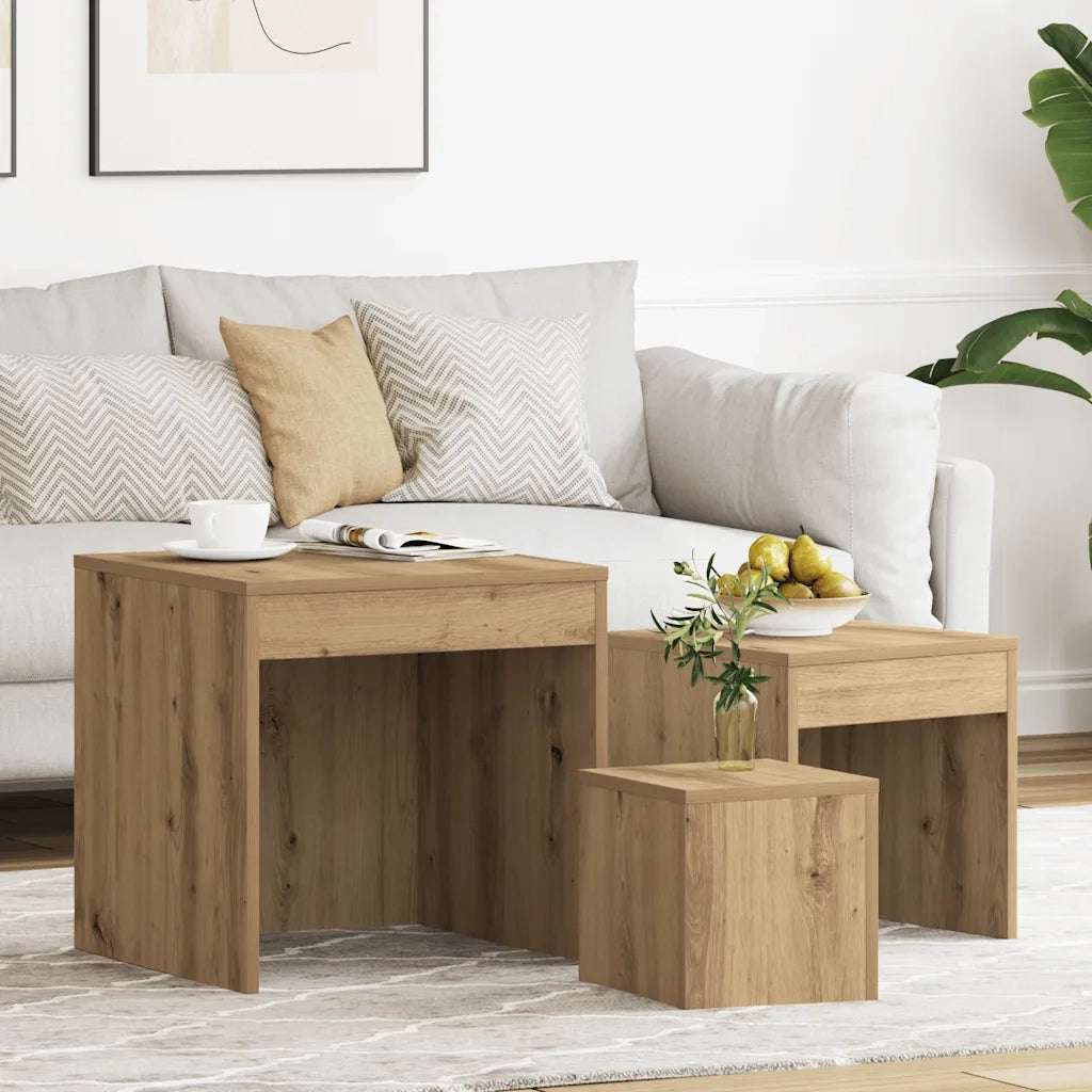 Tavolini Impilabili 3 pz Rovere Artigianale Legno Multistrato