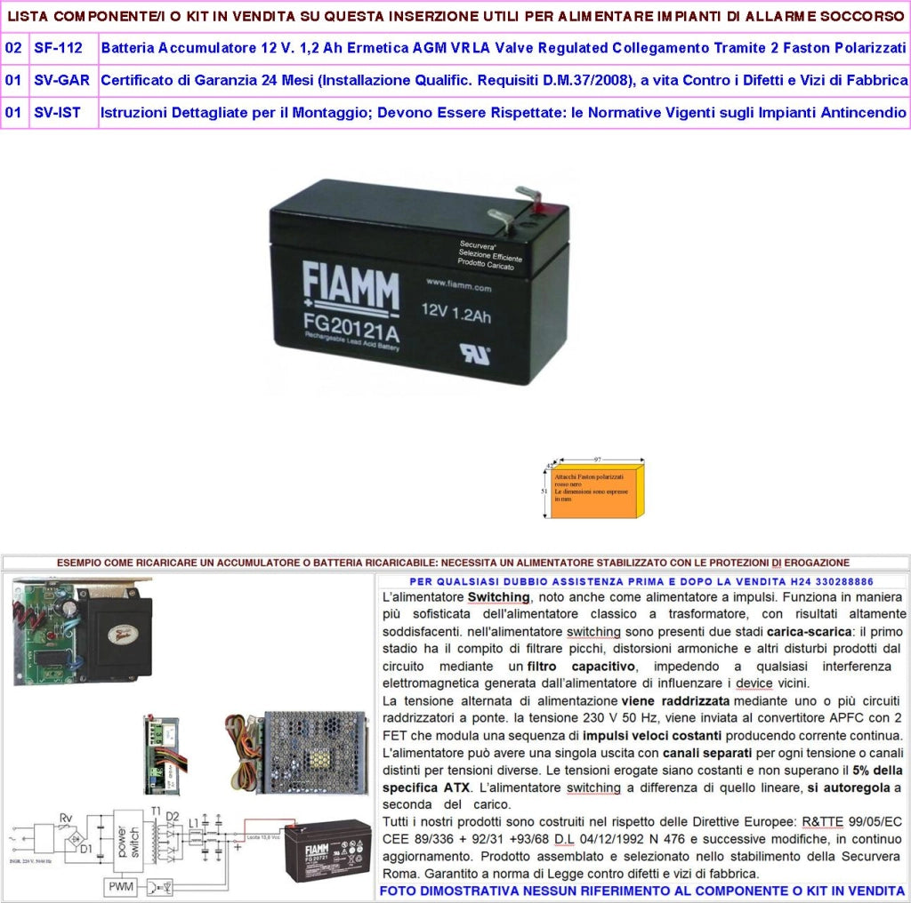 Batteria Ermetica Antifurto 12 V. 1,2 Ah 2 Pezzi Collegamento Tramite 2 Faston 5 mm Polarizzati AGM VRLA Valve Regulated Selezionata da Securvera Caricata Marca Fiamm PRC Dimensioni L97XP42XH51 mm