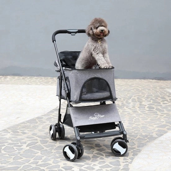 Carriolo per cani - Carriolo per gatti - Carriolo per passeggiate - Carriolo per cani - Buggy per cani - Inclinabile - con contenitore - Incluso cappuccio per la pioggia - Grigio