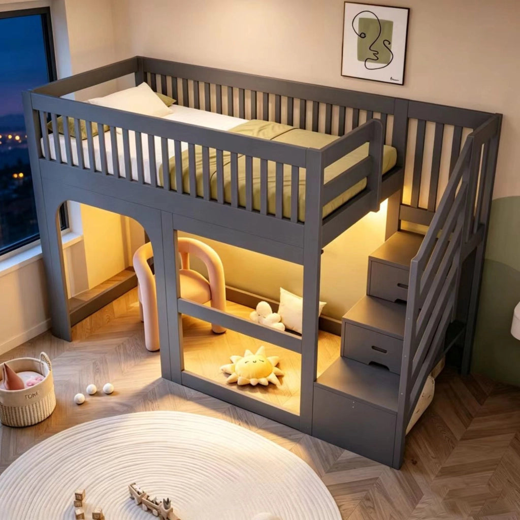 Letto a soppalco 90 x 200 cm, con ripiano portaoggetti, illuminazione a LED, sponde di sicurezza, letto per bambini, grigio