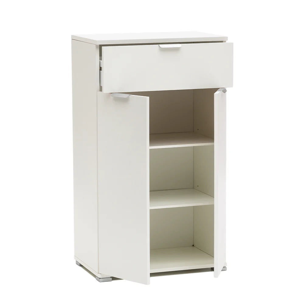 Comodino/Armadietto Bianco 2 Ante + Cassetto | Mobiletto Salvaspazio con 2 Ripiani Regolabili | Già Assemblato per Camera, Ingresso, Bagno e Soggiorno