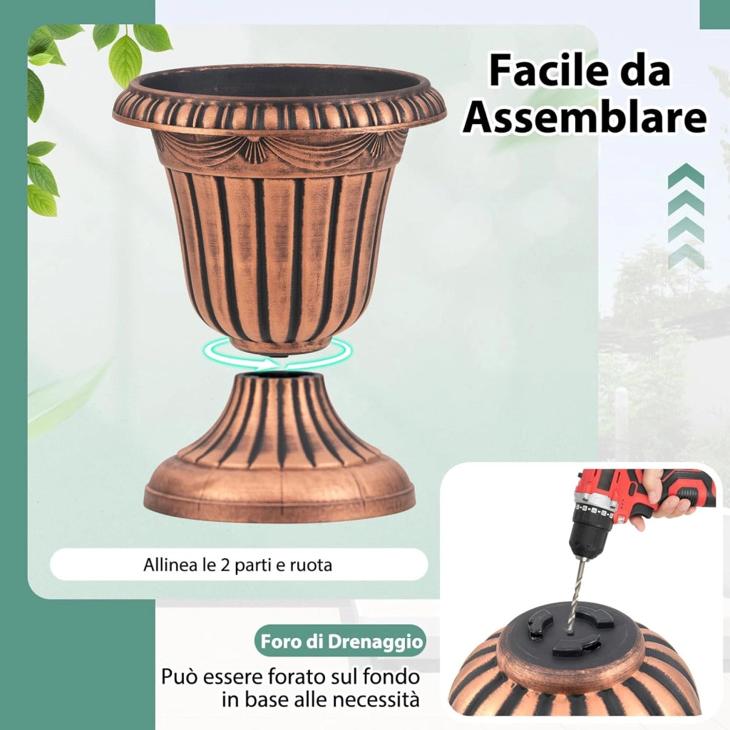 Set di 2 Vasi Alti, Vasi per Fiori in Plastica a Forma di Urna con Base a Piedistallo e Foro di Drenaggio, Contenitori Decorativi per Piante per Interni ed Esterni (Bronzo)