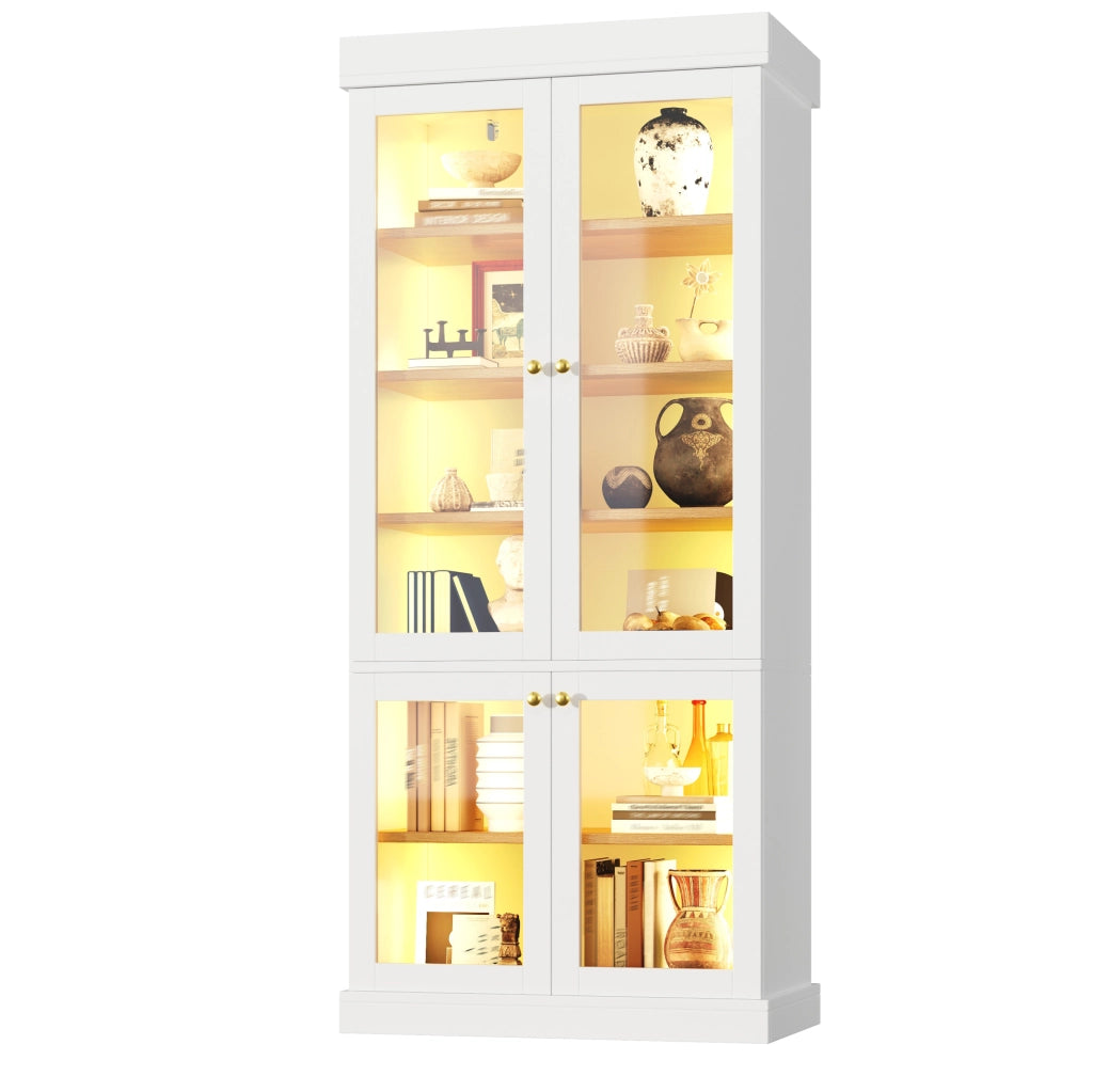 Armadio alto 80x40x180 cm con luci LED e 2 dispositivi antiribaltamento in MDF e vetro bianco