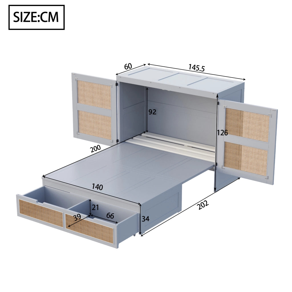 LETTO a scomparsa 140x200 cm in legno grigio con design rattan e cassetti