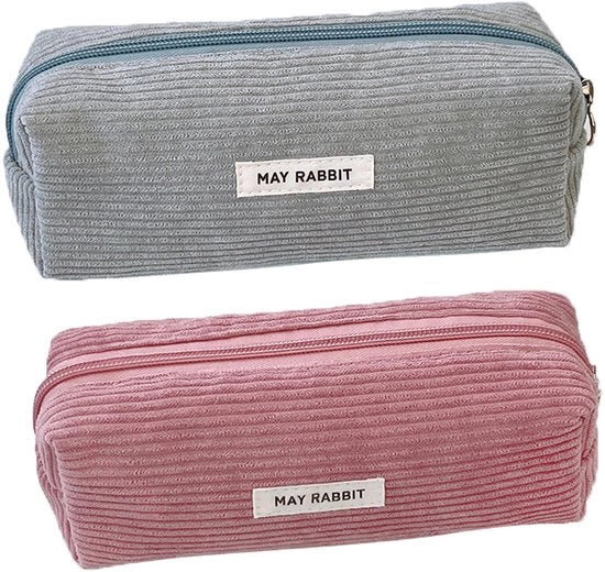 Etui a 2 pezzi in tessuto corduroy, etui in pelle naturale, etui portatile con chiusura a righello, etui estetico, per ragazzi, uomini e donne (grigio + rosa)