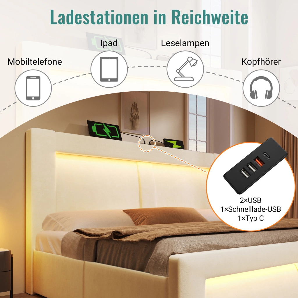 LETTO contenitore 90x200 cm in velluto beige con LED, USB, Type-C e materasso incluso