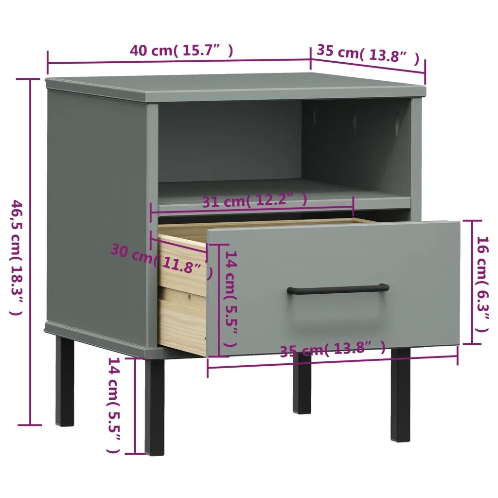 Comodino con Gambe in Metallo Grigio Legno Massello Pino OSLO 350971