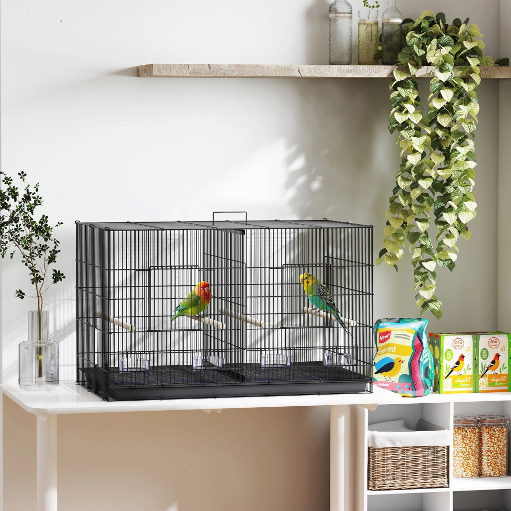 Gabbia per Uccelli con Divisorio e Ripiano Inferiore Portaoggetti, in Acciaio e PP, 94x57x57 cm, Nero