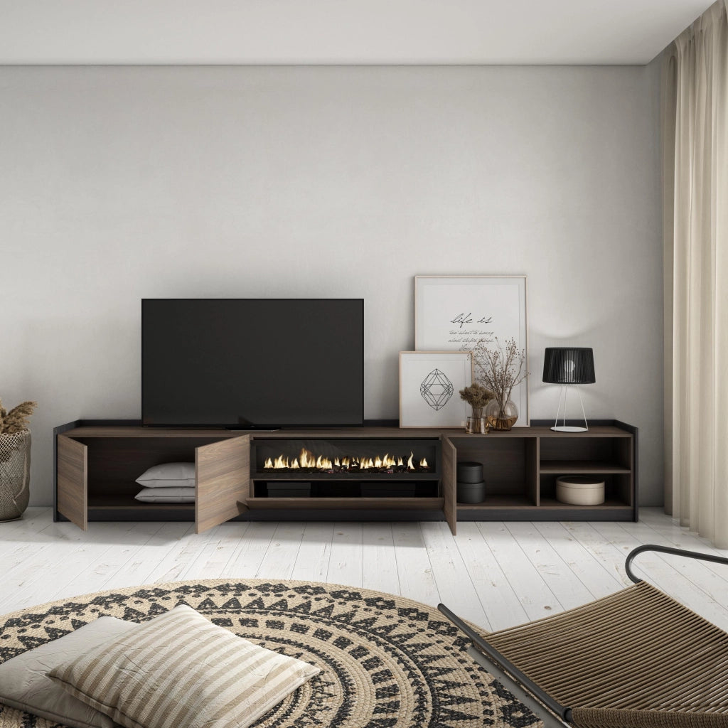 Mobile TV Soggiorno, 310x50x37 cm, Per TV fino a 80", Camino elettrico, Rovere scuro e Nero