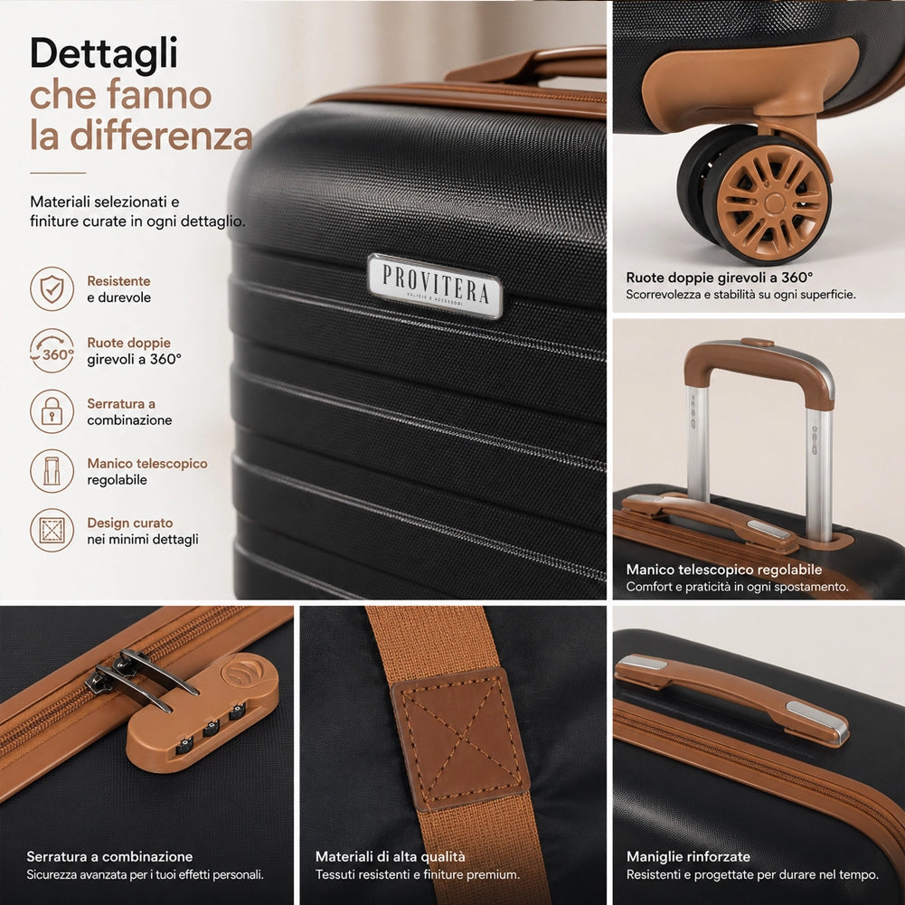 Set 6 Pezzi Valigie Rigide Family in ABS Beauty Case Nero e Marrone 55/66/75cm