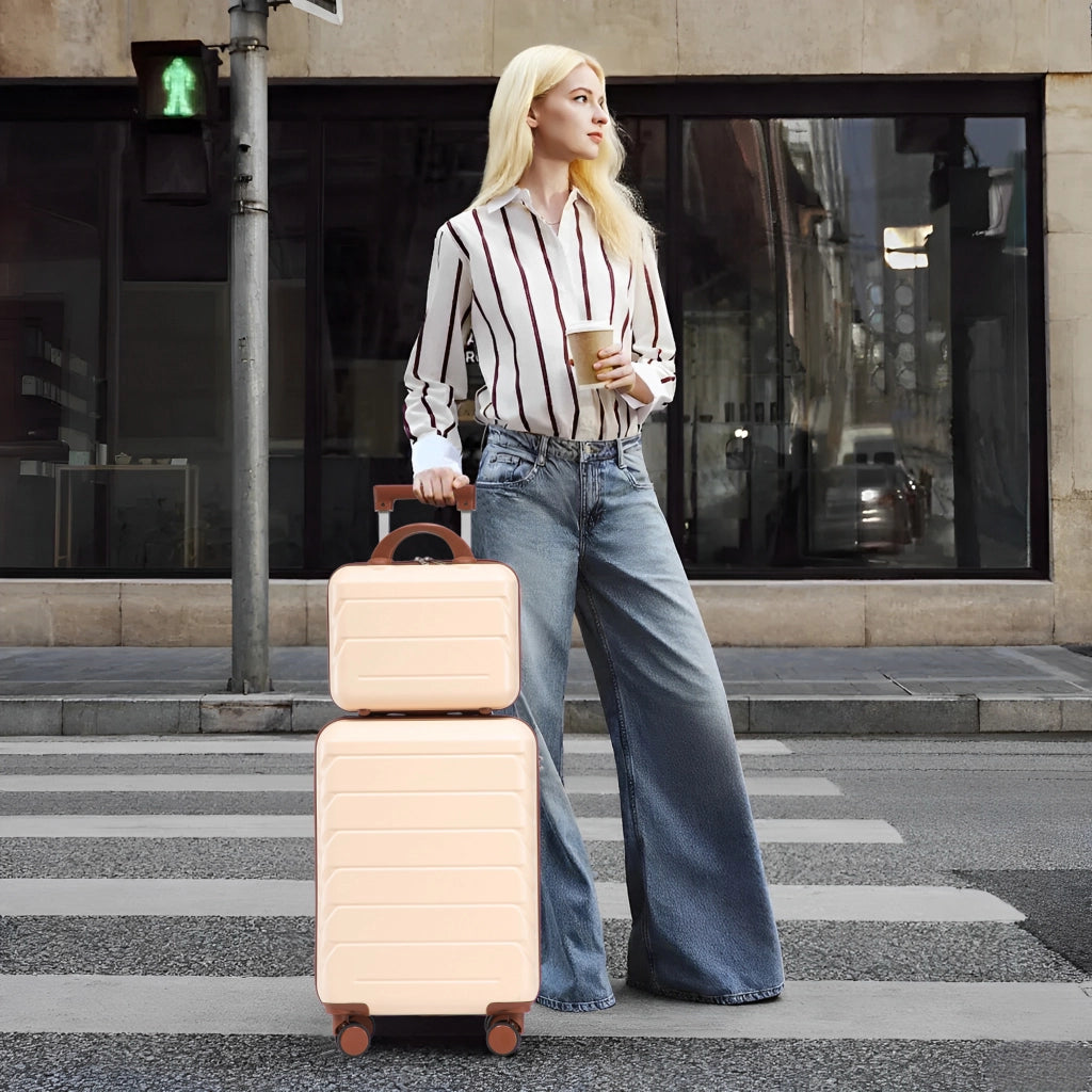 Set di 2 valigie girevoli in ABS da 14"/19" con lucchetto a combinazione e trousse da 14" (beige)