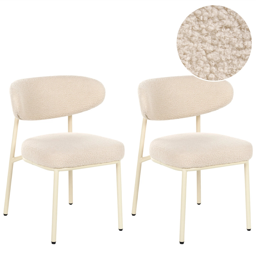 Set di 2 sedie da pranzo in bouclé beige chiaro senza braccioli con gambe in ferro e cappucci protettivi design retrò per sala da pranzo