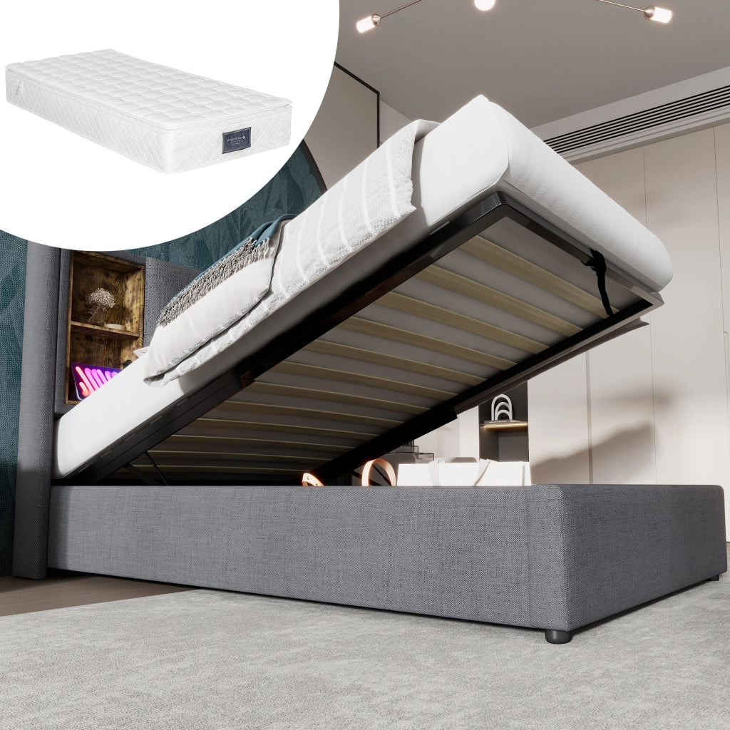 Letto singolo 90x200 grigio in cotone con contenitore e ricarica USB-C