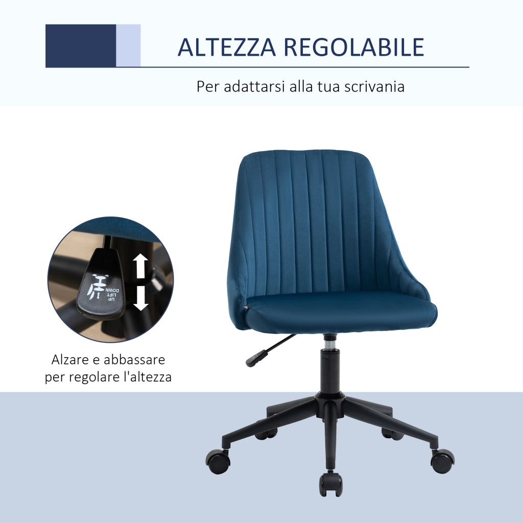 Sedia da Ufficio in Velluto Blu con Altezza Regolabile, Sedia Ergonomica Girevole a 360¡ã e Ruote, 50x58x77-87cm