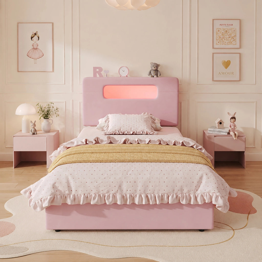 Letto imbottito rosa 90x200 cm con quattro cassetti laterali; velluto