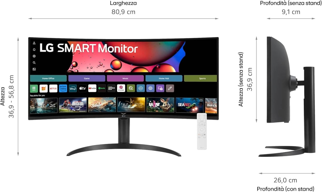 34SR65QC Monitor Smart 34" 21:9 Curvo WQHD (3440x1440) HDR, webOS con app di streaming, Wi-Fi, LAN, Bluetooth, AirPlay, Screen Share, Speaker Stereo 14W, 2x HDMI, 2x USB, 100Hz, Telecomando, Nero