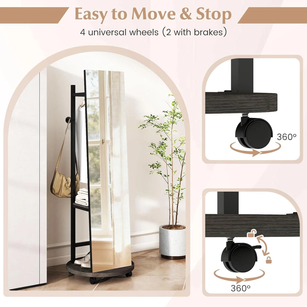 Specchio a figura intera, specchio da terra con appendiabiti, 45 x 135 cm, grande specchio con vetro infrangibile, ganci, ripiani, ruote, per ingresso, soggiorno, camera da letto (nero+noce)