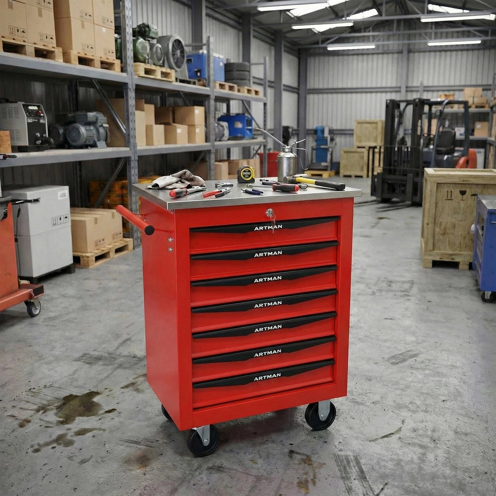 Carrello Porta Utensili 7 Cassetti con Ruote ¨C MINIMAL ¨C Metallo, Piano in Acciaio, Rosso e Nero
