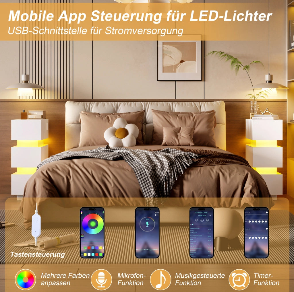 Set di 2 comodini stretti con 3 cassetti; USB e Type-C; LED; 20x40x59;5 cm; bianco