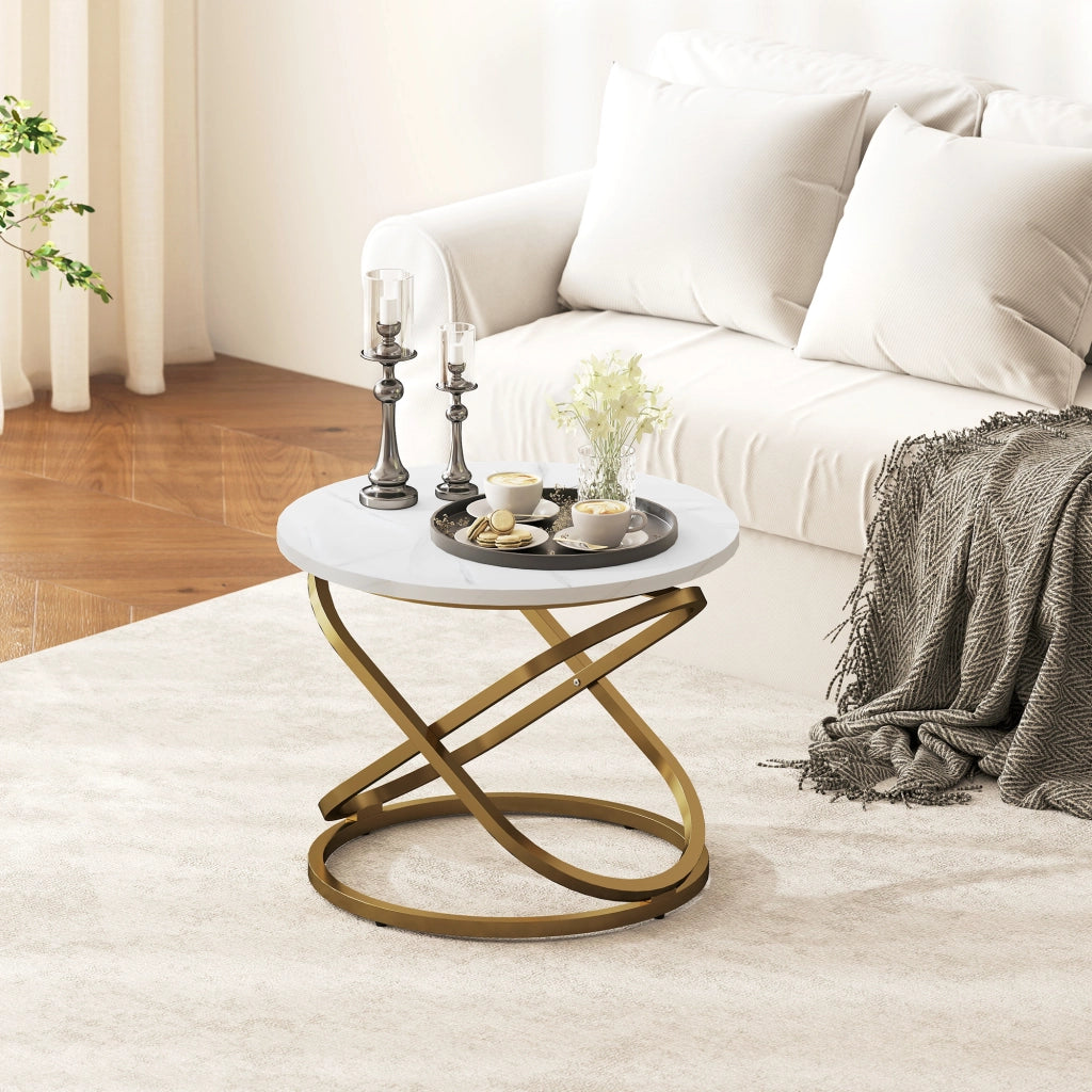 Tavolino da caff¨¨ rotondo in metallo con piano effetto marmo ¨C zephmum ¨C Dor¨¦, ?60x46 cm