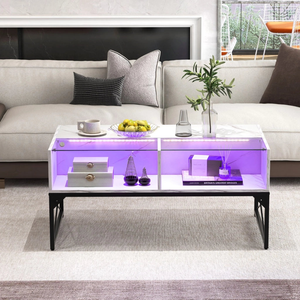 Tavolino basso con luci LED regolabili e 4 cubi di stoccaggio, Tavolino da salotto moderno con elecomando Bianco