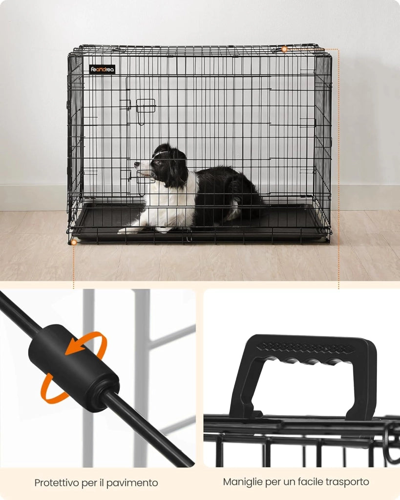 Feandrea Gabbia per Cani Pieghevole, con 2 Porte, Vassoio Rimovibile, 107 x 70 x 77,5 cm, XL, Nero PPD42H