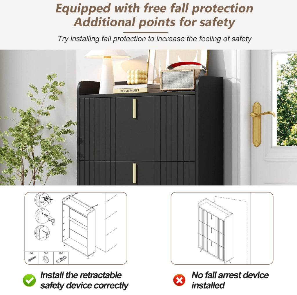 Armadio portascarpe a 3 ante ribaltabili 80x23x123;5 cm in MDF nero con dettagli dorati