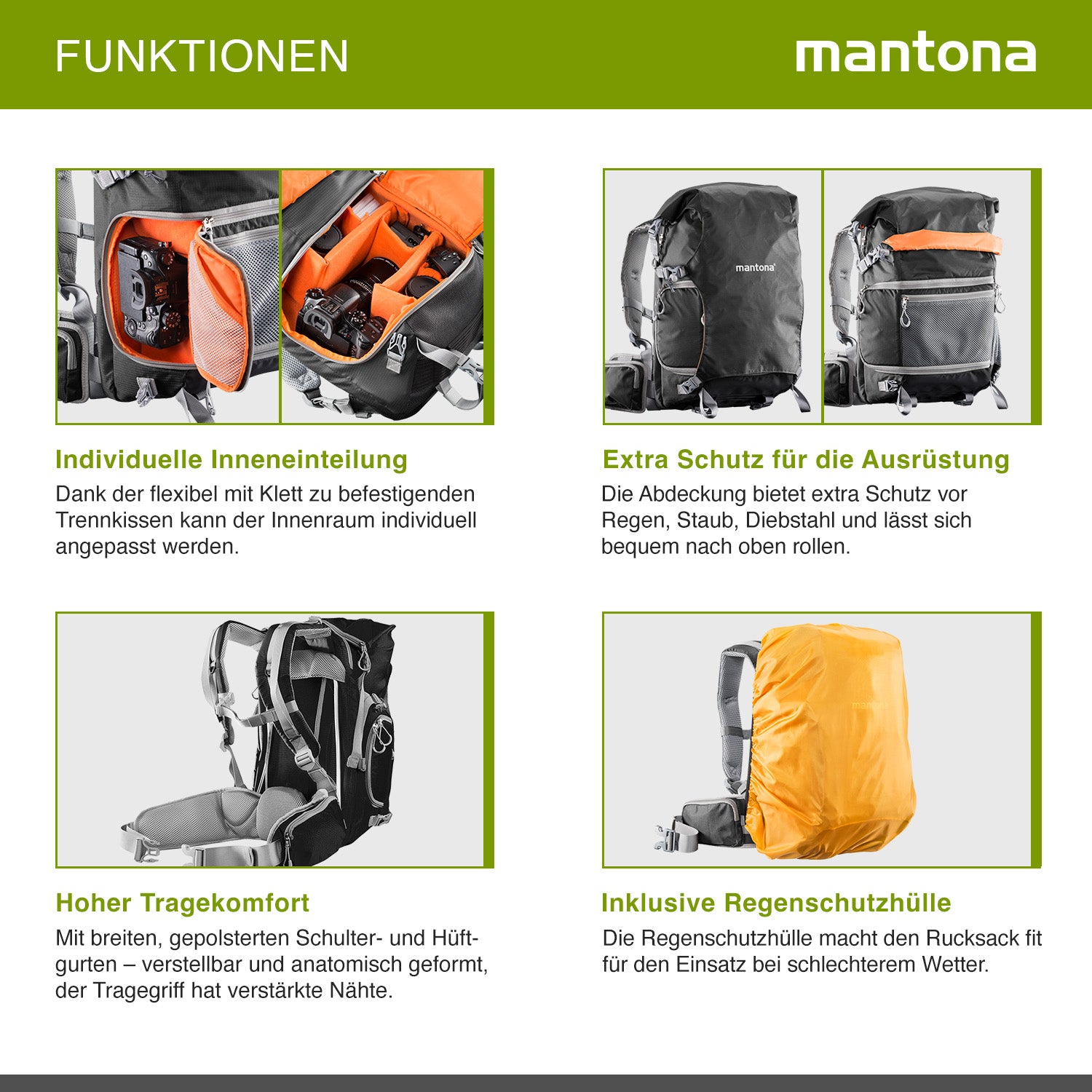 Mantona ElementsPro 30 Zaino per esterni (incl. cintura anca staccabile e copertura antipioggia, adatto a fotocamere DSLR o a sistema) nero, 480mm, 20586