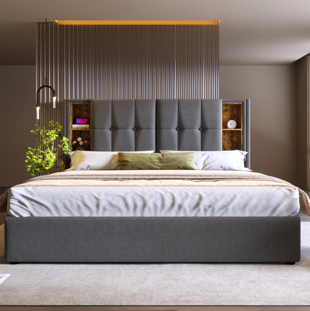 Letto contenitore 160x200 grigio con ricarica wireless, USB e USB-C