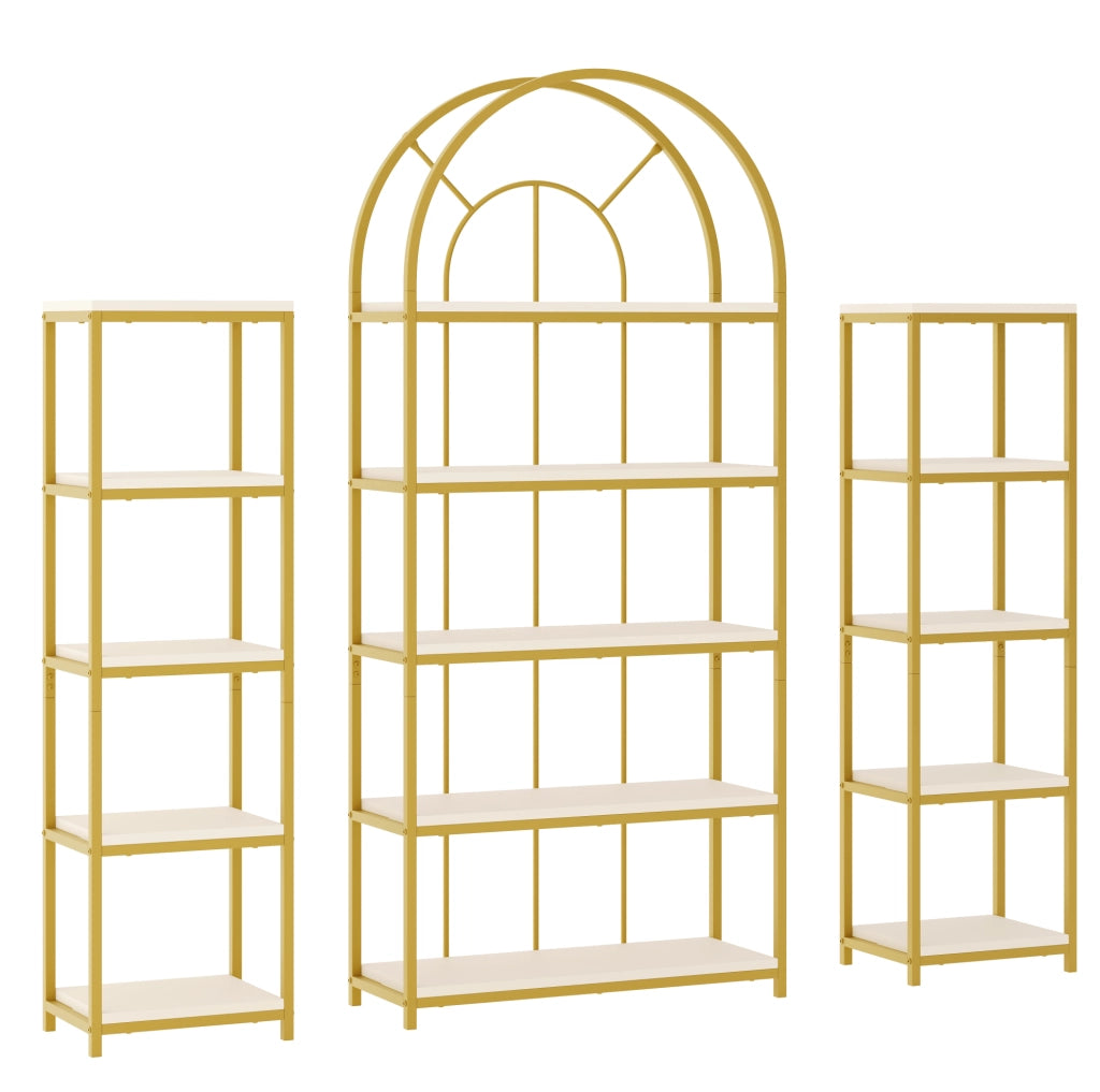 Libreria modulare a 3 pezzi 163x30x184 cm con struttura in metallo dorato e MDF bianco