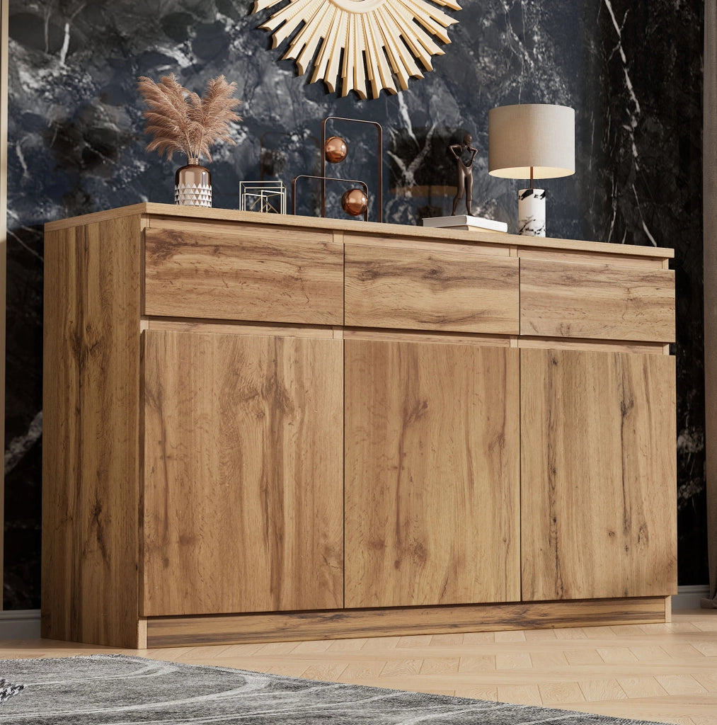 Mobile contenitore multifunzionale in truciolato effetto legno naturale, 3 ante e 3 cassetti, 135x40x81 cm