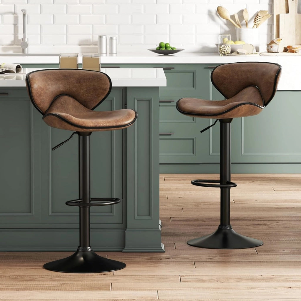 Set di 2 Sgabelli da Bar con Altezza Regolabile, Sgabello da Cucina Imbottito e Girevole a 360° con Schienale, Poggiapiedi e Base Metallica, Sgabelli in Pelle Stampato da Casa (Marrone)