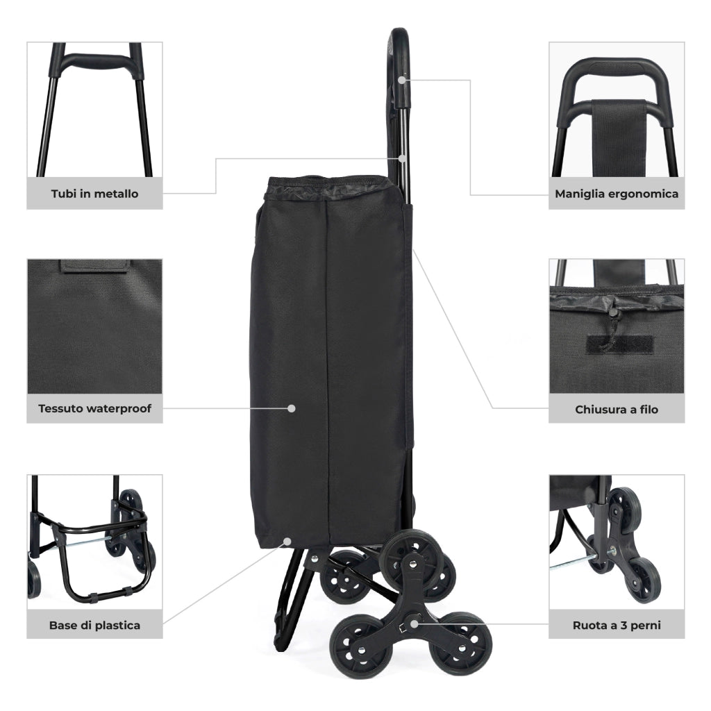 Carrello Spesa Saliscale 6 Ruote Pieghevole con Borsa Impermeabile, Porta Spesa per Scale Supermercato e Casa, Struttura in Acciaio – Il Gruppone   Nero