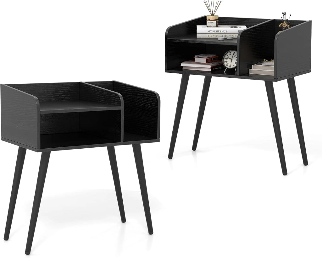 Set di 1/2 comodini per camera da letto, tavolino ausiliario con ripiani aperti, comodino con gambe in metallo, tavolo stretto per soggiorno, 50 x 32 x 58 cm (industriale x 2)