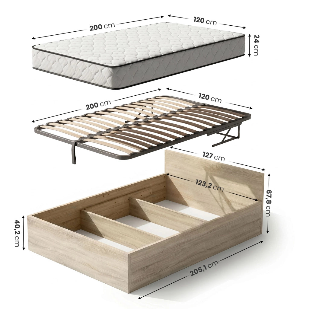 Letto con contenitore 120x200 cm rete sollevabile in metallo e materasso a molle Rovere Sonoma
