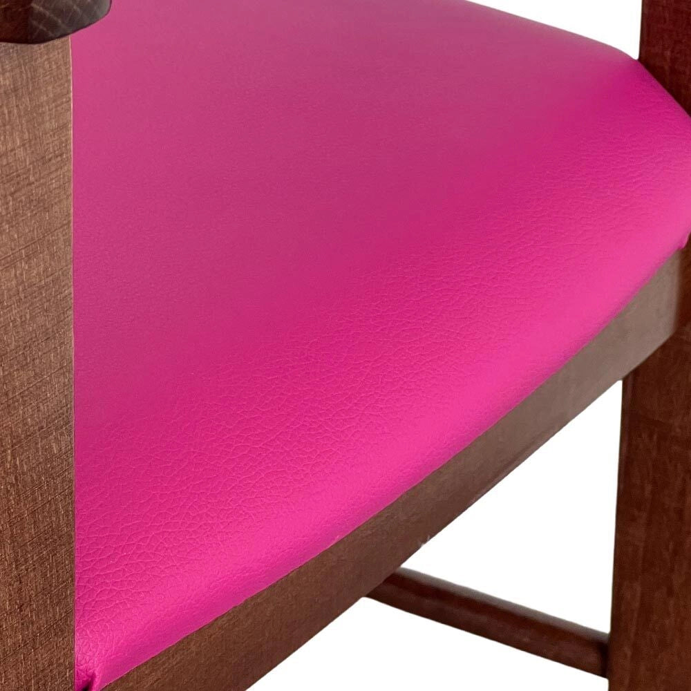 Seggiolone in legno color noce scuro con seduta imbottita in similpelle lilla