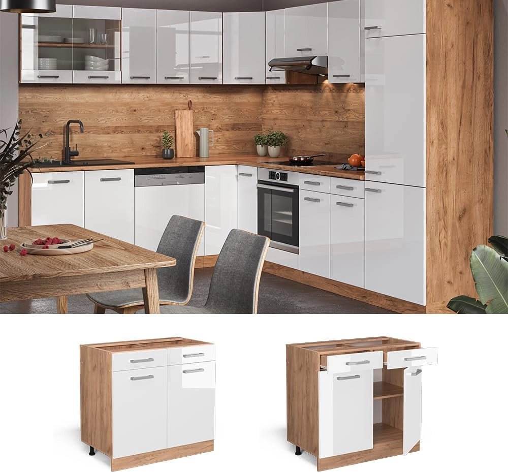 Mobiletto base per cucina R-Line, Bianco lucido, 80 cm senza piano di lavoro, per la libera combinazione all'interno di sistemi cucina modulari